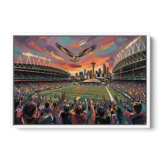 Seattle Sports Fans Unite - White Framed Canvas Wall Art - Front