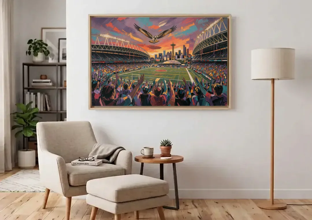Seattle Sports Fans Unite canvas wall art above an armchair in a bright living room