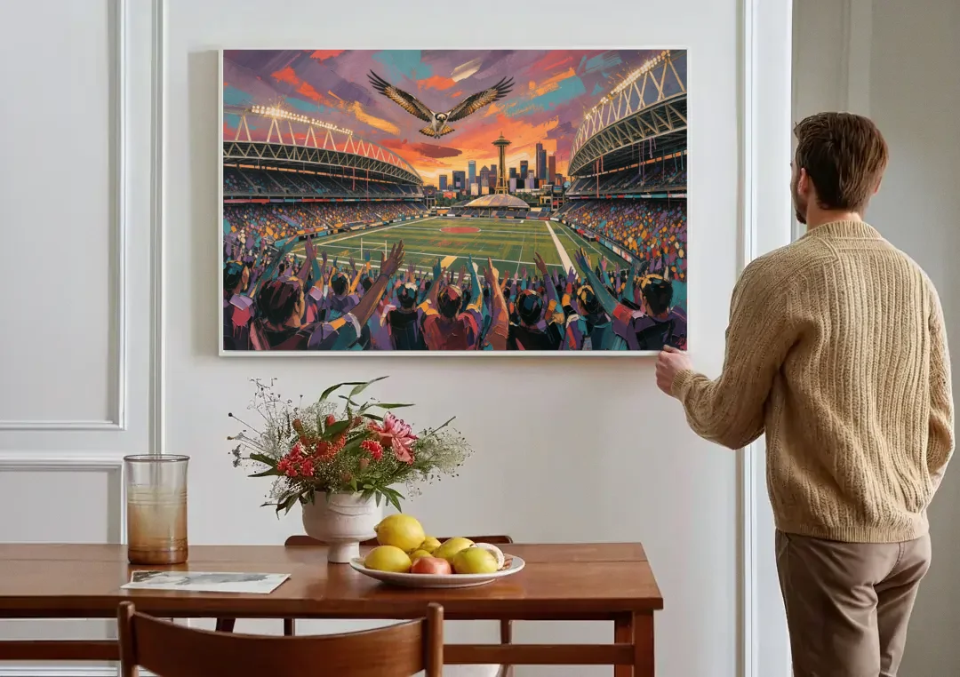Seattle Sports Fans Unite canvas wall art above a dining table