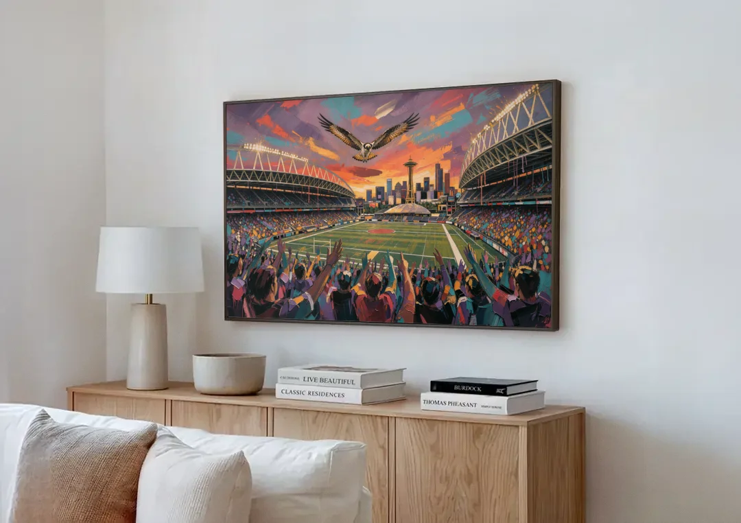 Seattle Sports Fans Unite canvas wall art above a wooden sideboard next to a sofa