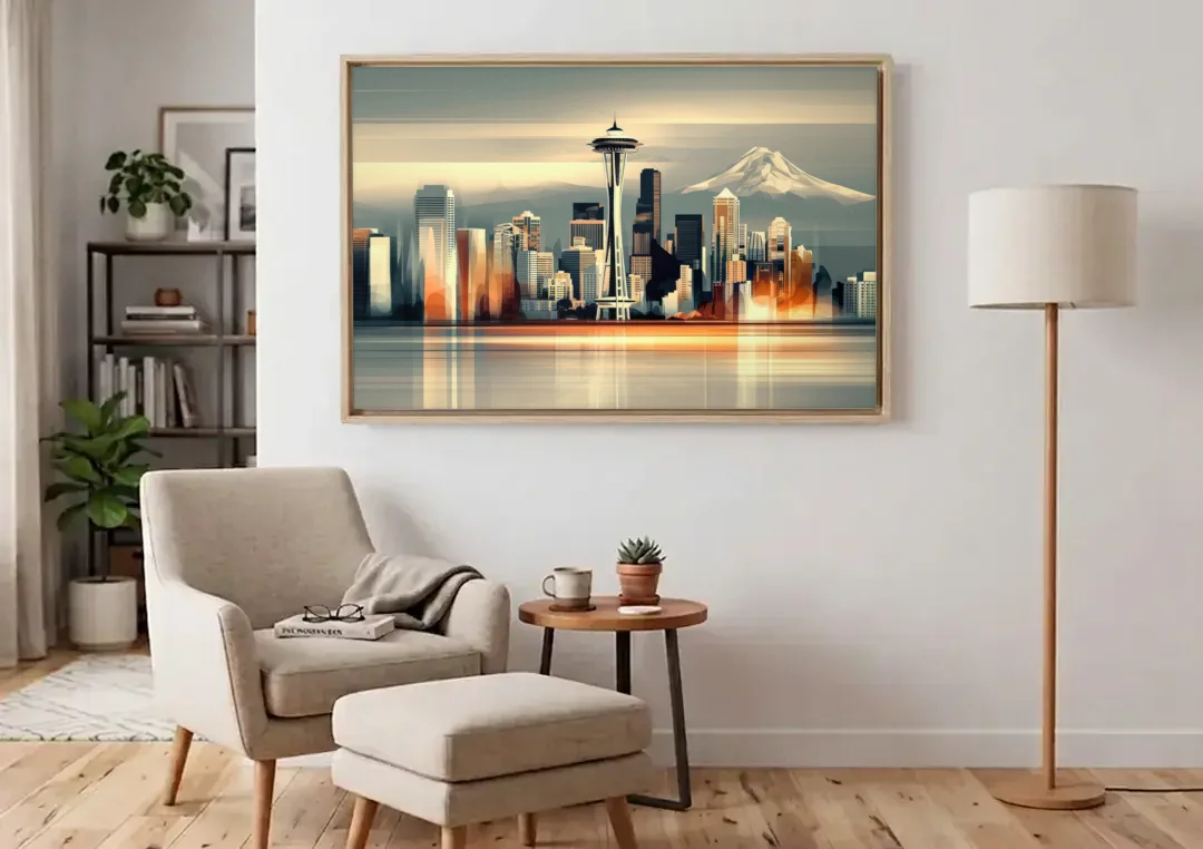 Seattle Urban Landscape canvas wall art above an armchair in a bright living room