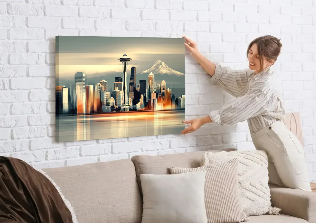 Seattle Urban Landscape canvas wall art being hung on a white brick wall above a sofa