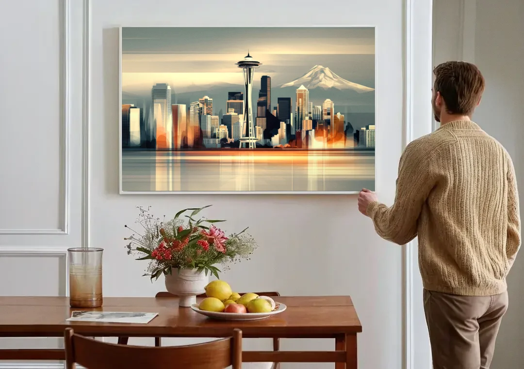 Seattle Urban Landscape canvas wall art above a dining table