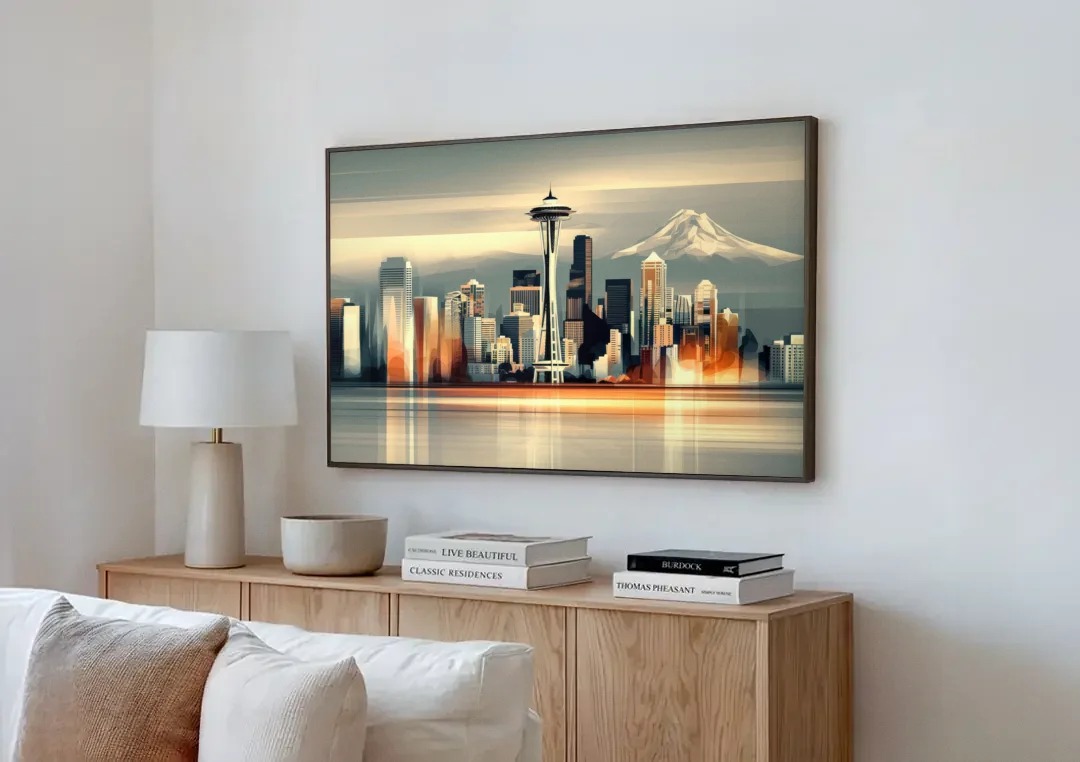 Seattle Urban Landscape canvas wall art above a wooden sideboard next to a sofa