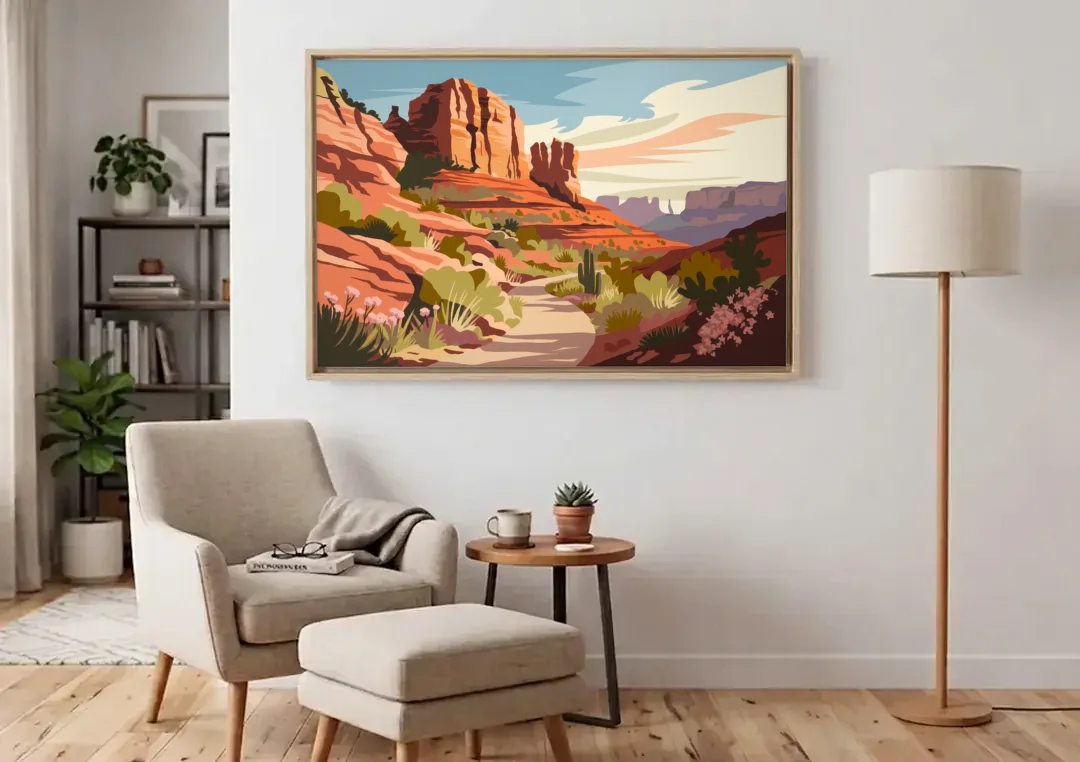 Sedona Canyon Trail Serenity canvas wall art above an armchair in a bright living room