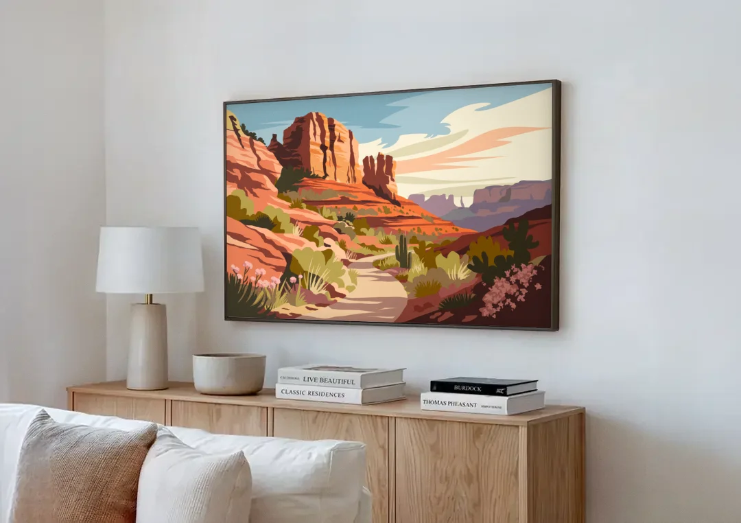 Sedona Canyon Trail Serenity canvas wall art above a wooden sideboard next to a sofa