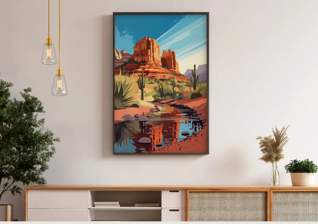 Sedona Cathedral Rock Views canvas wall art above a wooden sideboard under pendant lights