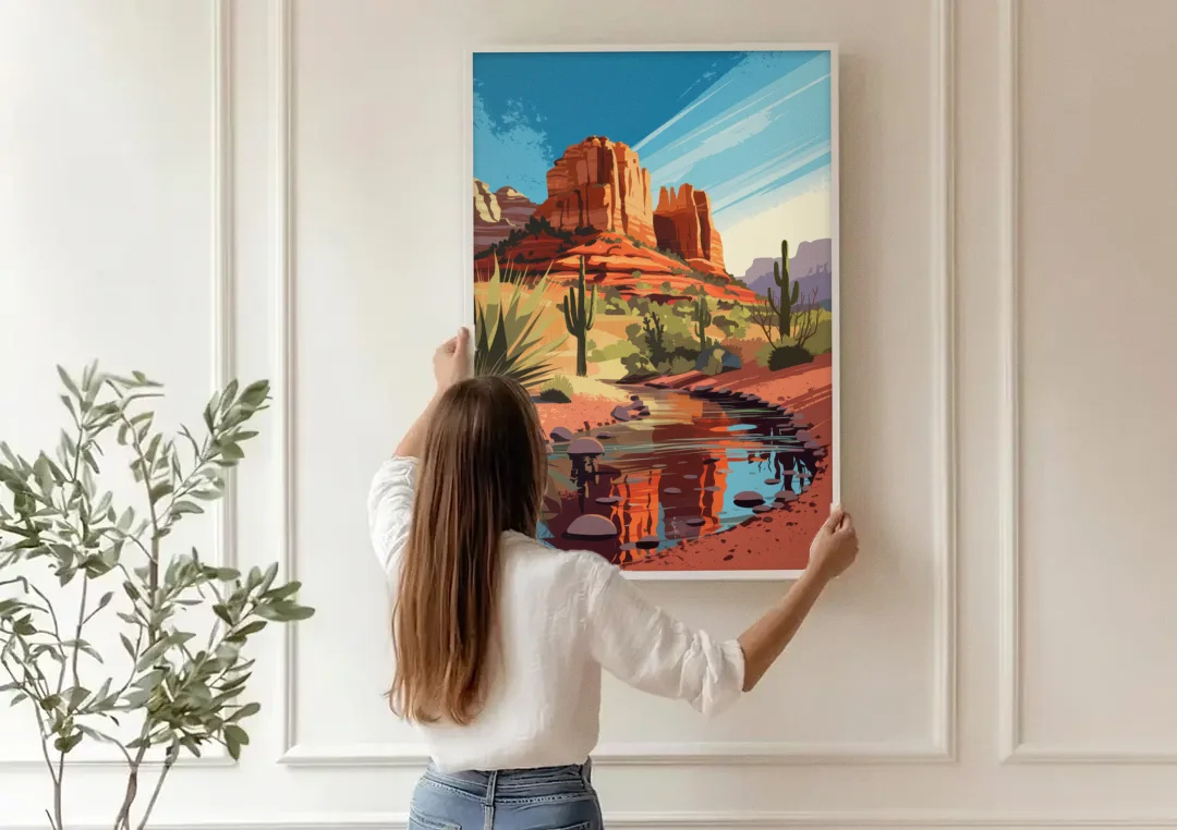 Sedona Cathedral Rock Views canvas wall art being hung on a paneled wall