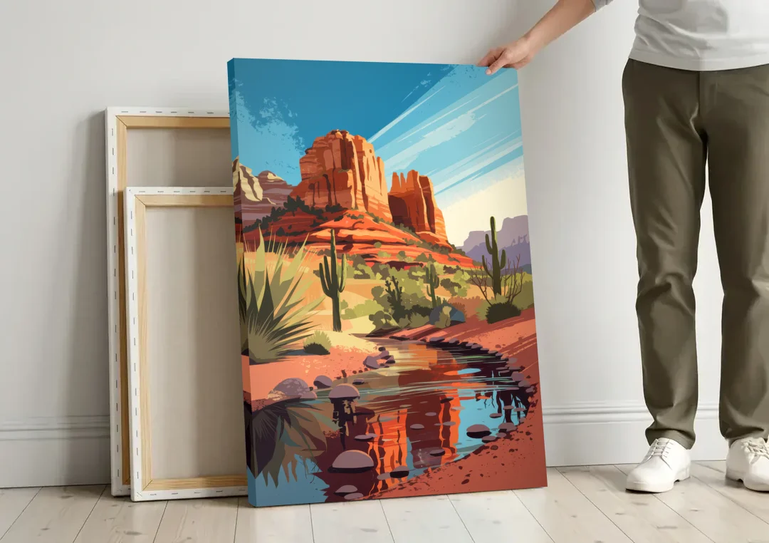 Sedona Cathedral Rock Views canvas wall art leaning against a wall next to blank canvases