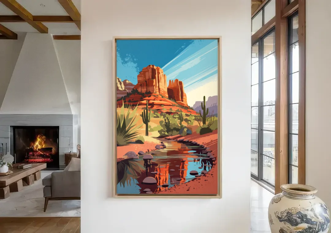 Sedona Cathedral Rock Views canvas wall art in a living room with a fireplace