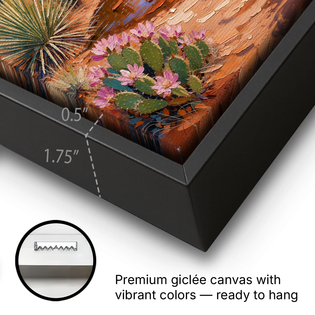 Sedona Desert Bloom Scenery - Black Framed Canvas Wall Art - Gallery Wrap Corner