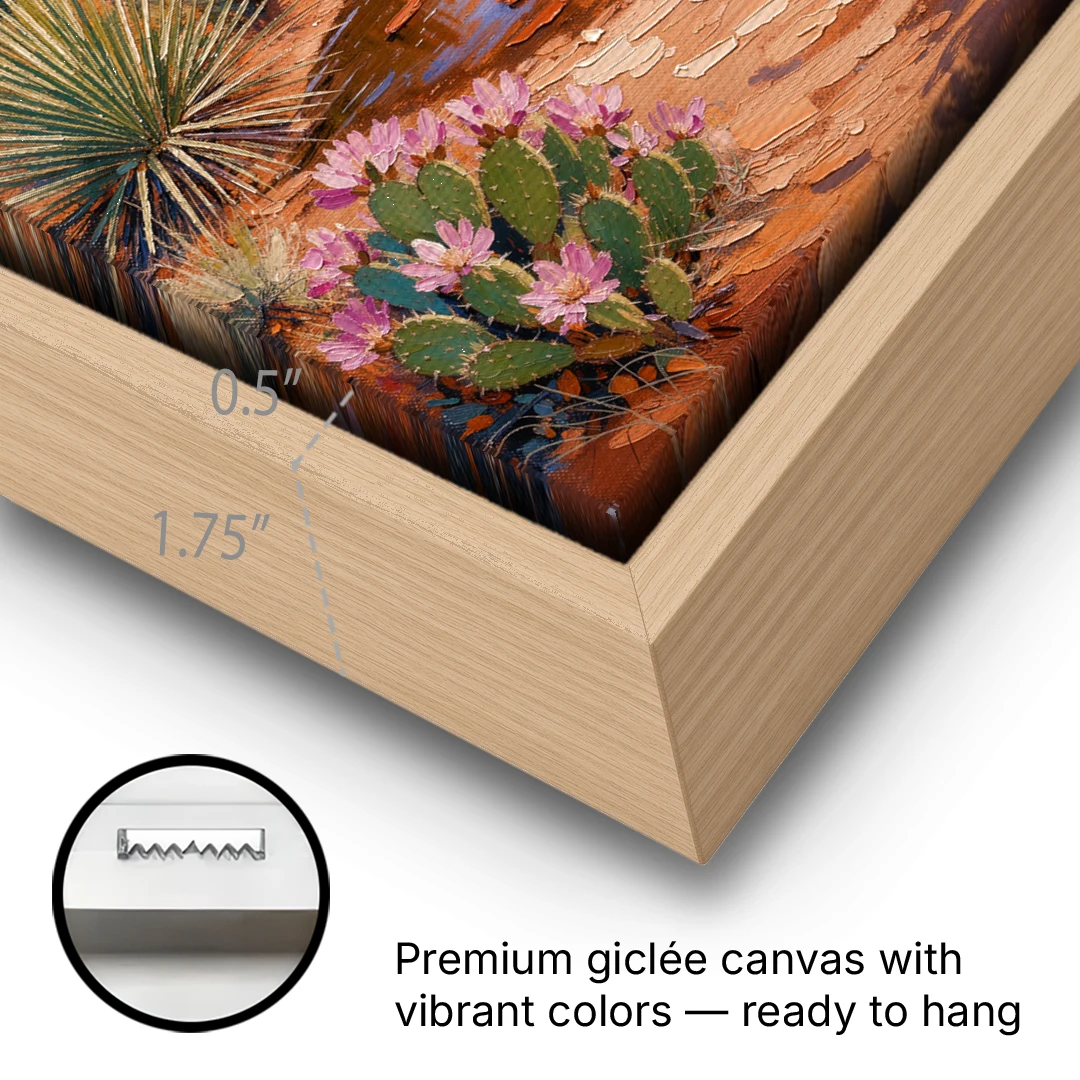 Sedona Desert Bloom Scenery - Oak Framed Canvas Wall Art - Gallery Wrap Corner
