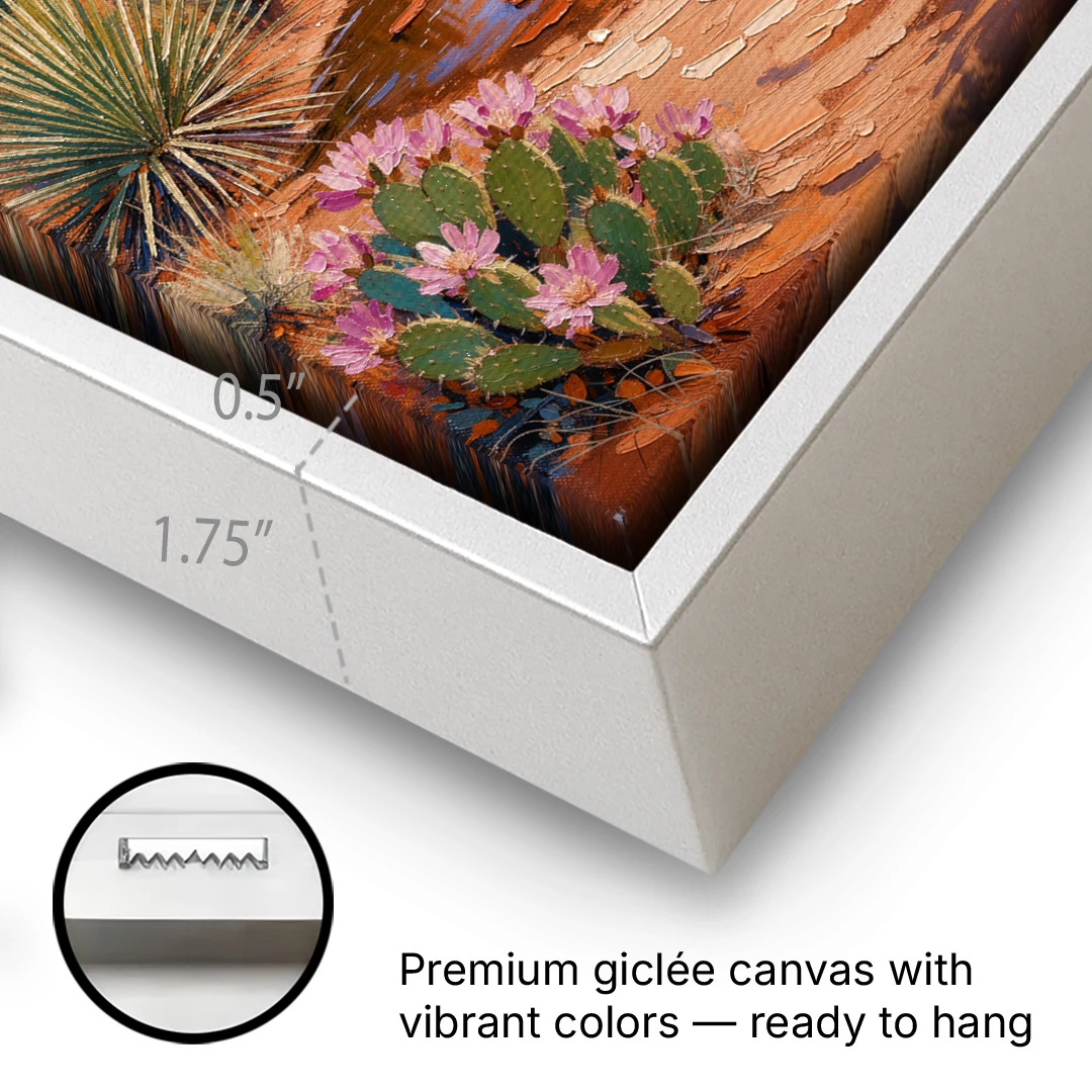 Sedona Desert Bloom Scenery - White Framed Canvas Wall Art - Gallery Wrap Corner