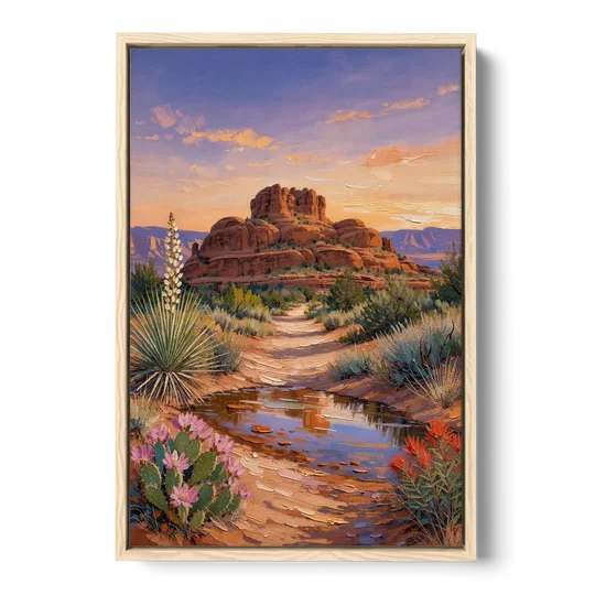 Sedona Desert Bloom Scenery - Oak Framed Canvas Wall Art - Front