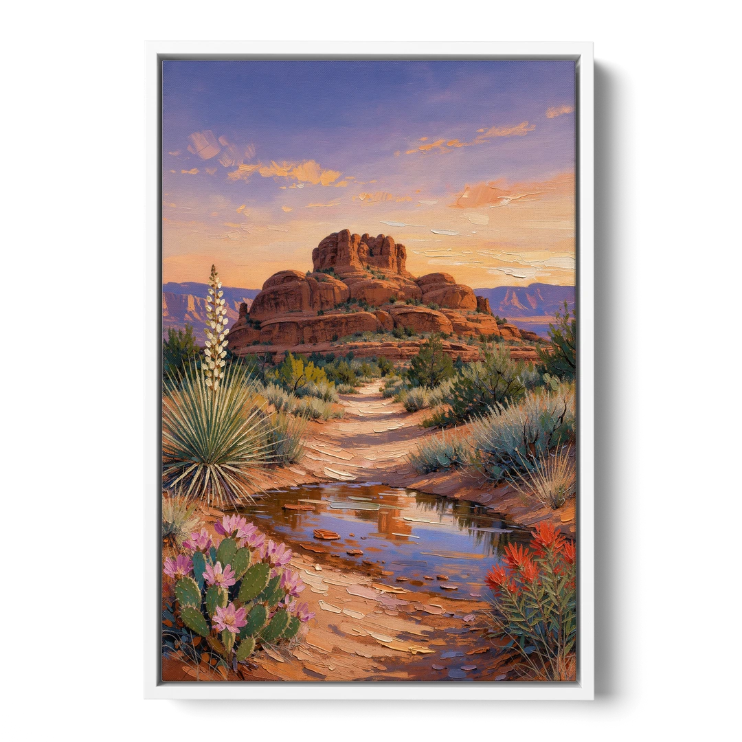 Sedona Desert Bloom Scenery - White Framed Canvas Wall Art - Front