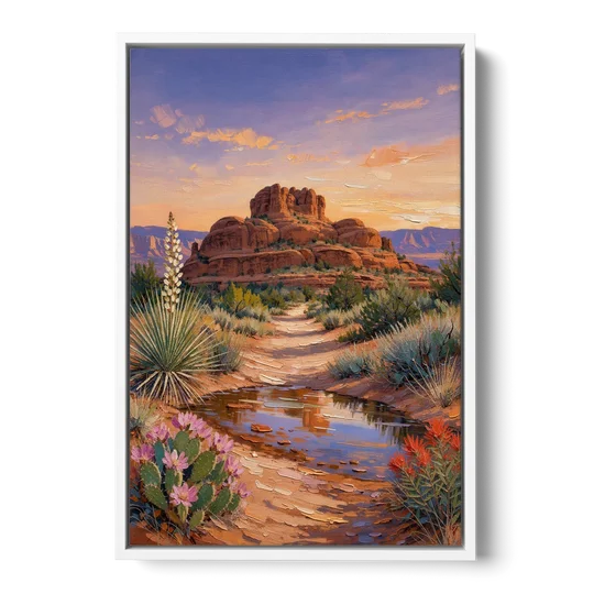 Sedona Desert Bloom Scenery - White Framed Canvas Wall Art - Front