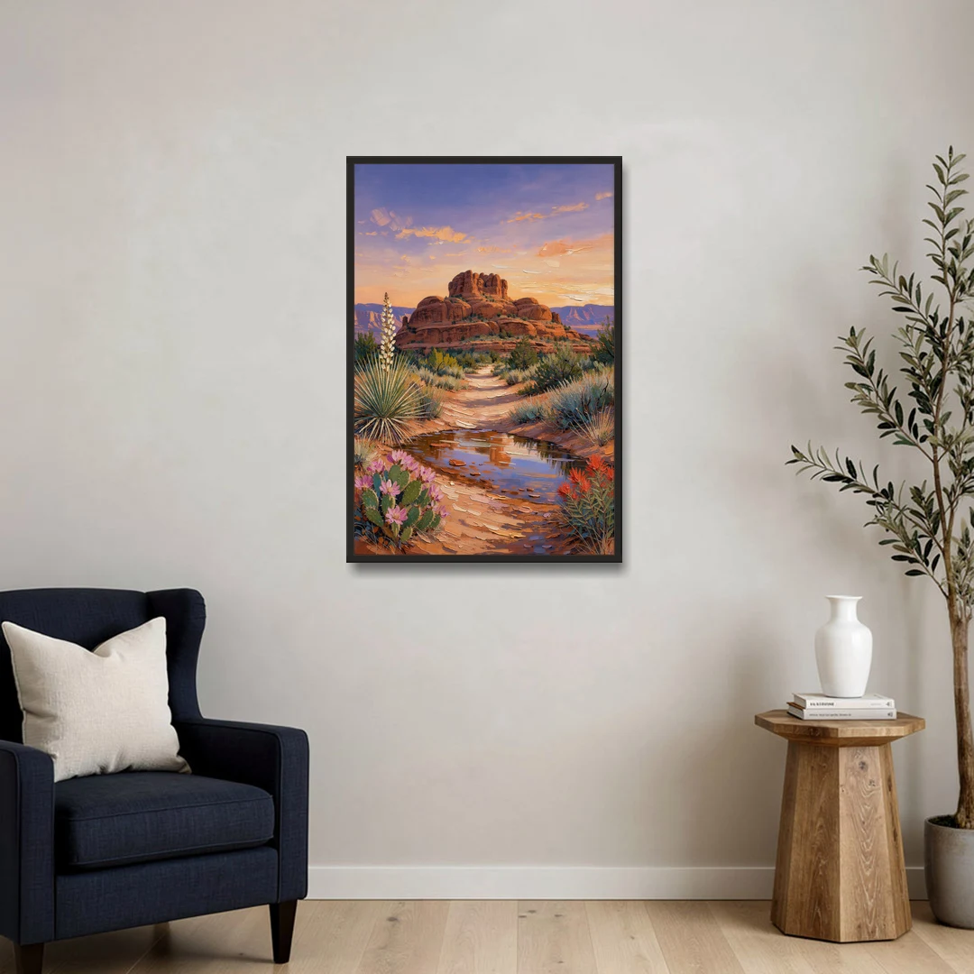Sedona Desert Bloom Scenery - Black Framed Canvas Wall Art - Sofa - 24x36