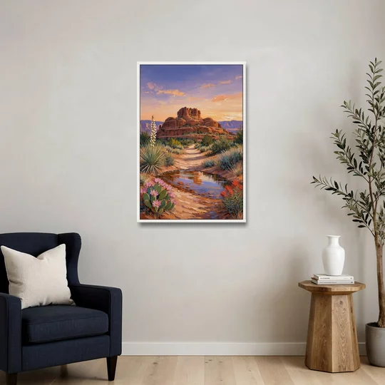 Sedona Desert Bloom Scenery - White Framed Canvas Wall Art - Sofa - 24x36