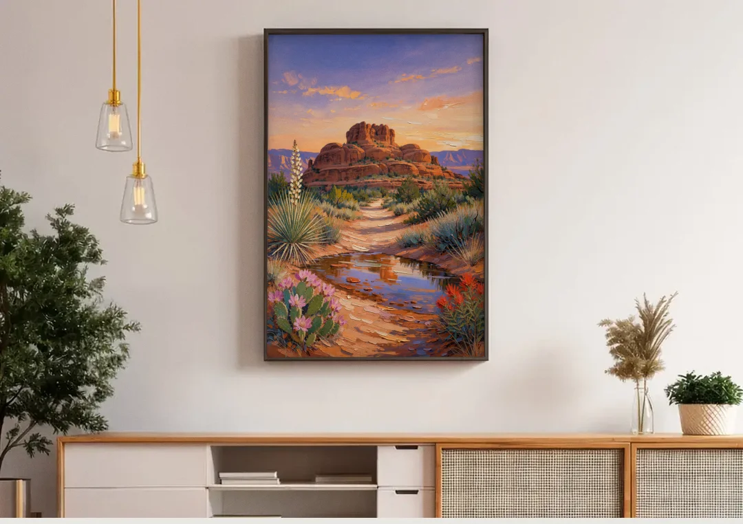 Sedona Desert Bloom Scenery canvas wall art above a wooden sideboard under pendant lights