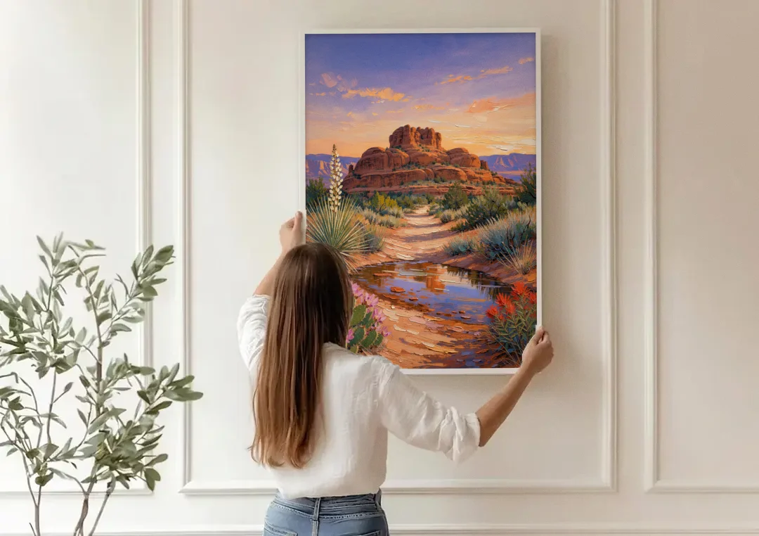 Sedona Desert Bloom Scenery canvas wall art being hung on a paneled wall