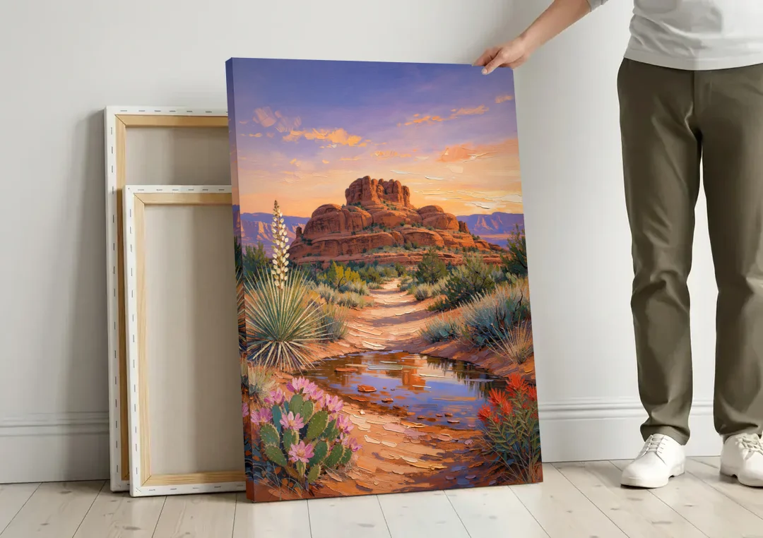 Sedona Desert Bloom Scenery canvas wall art leaning against a wall next to blank canvases