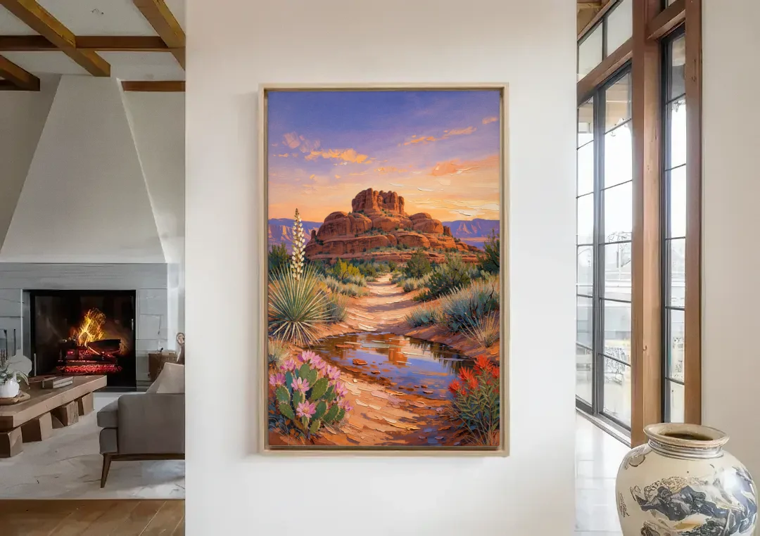 Sedona Desert Bloom Scenery canvas wall art in a living room with a fireplace