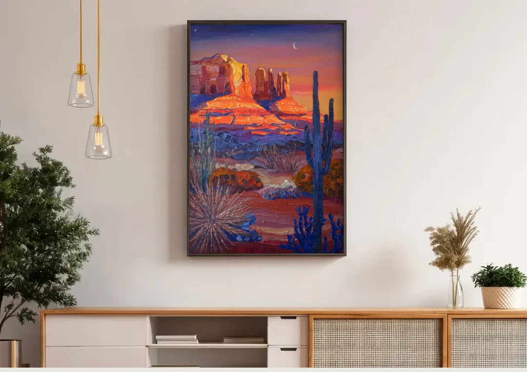 Sedona Desert Twilight canvas wall art above a wooden sideboard under pendant lights