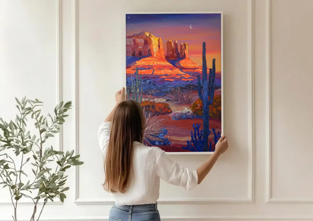 Sedona Desert Twilight canvas wall art being hung on a paneled wall