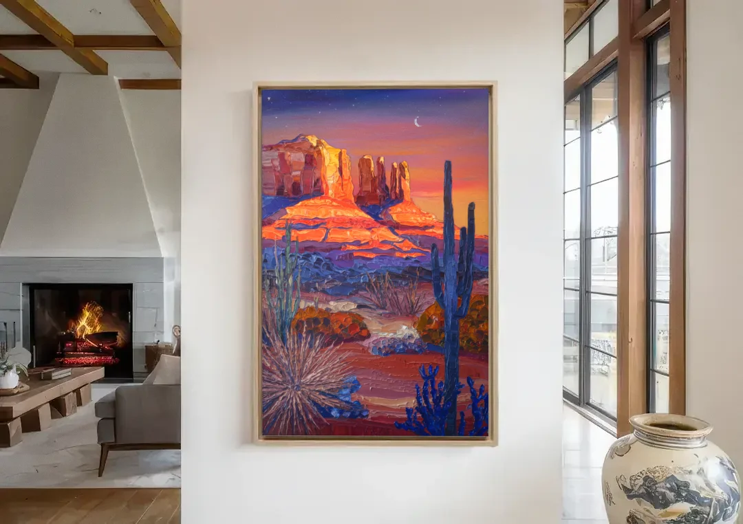 Sedona Desert Twilight canvas wall art in a living room with a fireplace