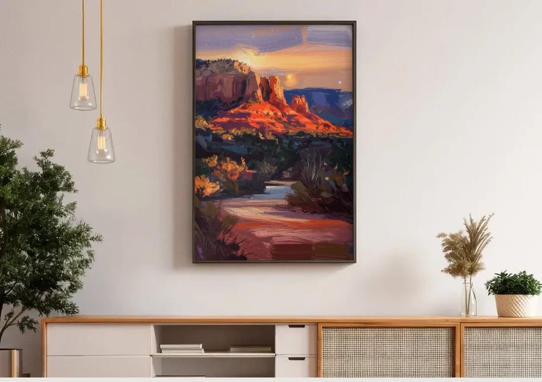 Sedona Evening Sky Glow canvas wall art above a wooden sideboard under pendant lights