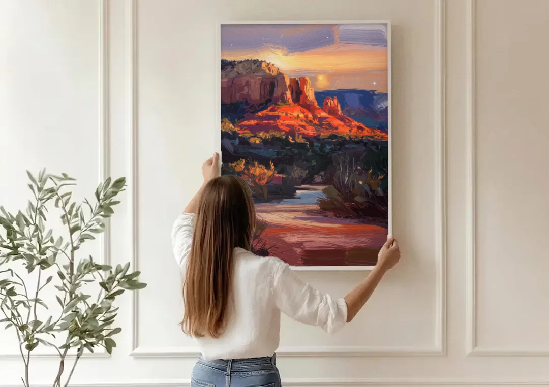 Sedona Evening Sky Glow canvas wall art being hung on a paneled wall