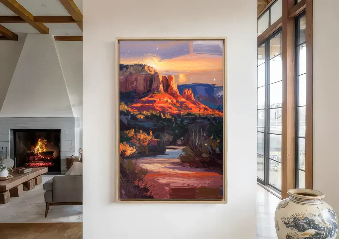 Sedona Evening Sky Glow canvas wall art in a living room with a fireplace