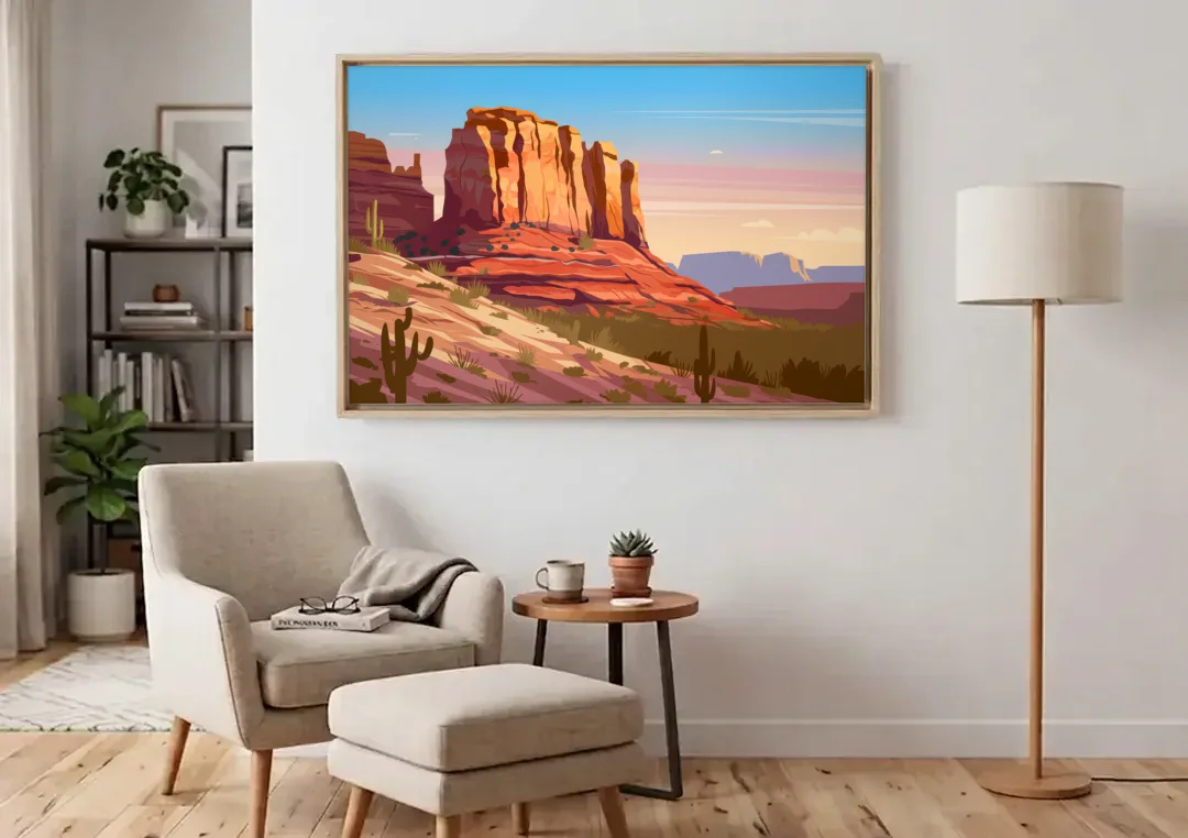 Sedona Majestic Rock Formations canvas wall art above an armchair in a bright living room