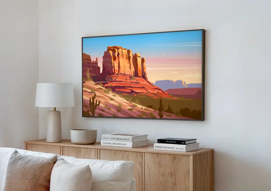Sedona Majestic Rock Formations canvas wall art above a wooden sideboard next to a sofa