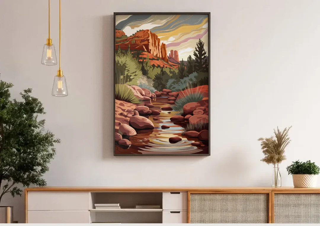 Sedona Oak Creek Reflections canvas wall art above a wooden sideboard under pendant lights