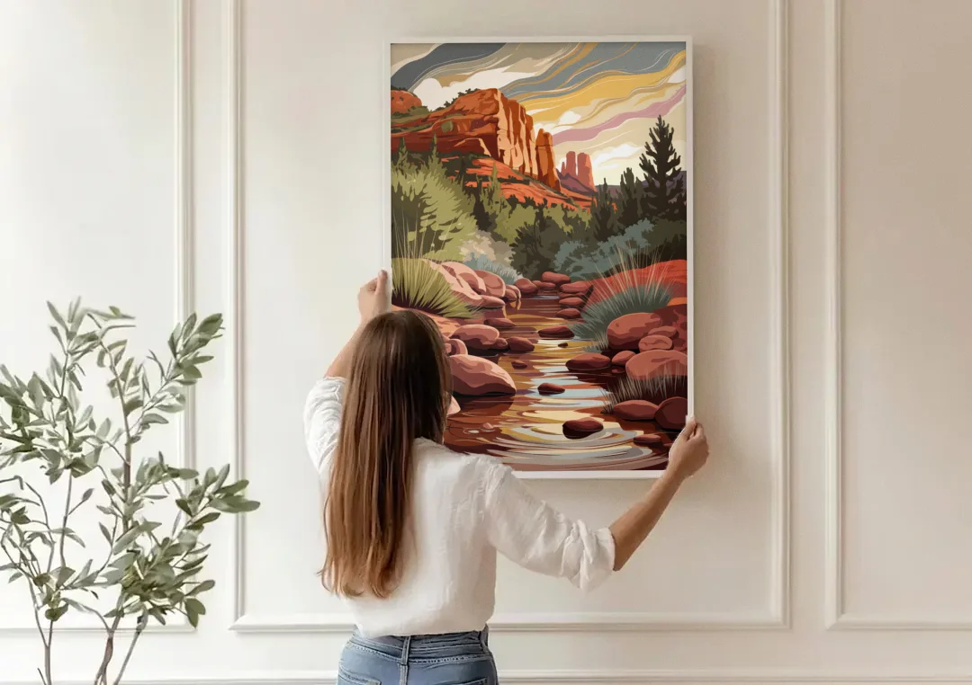 Sedona Oak Creek Reflections canvas wall art being hung on a paneled wall