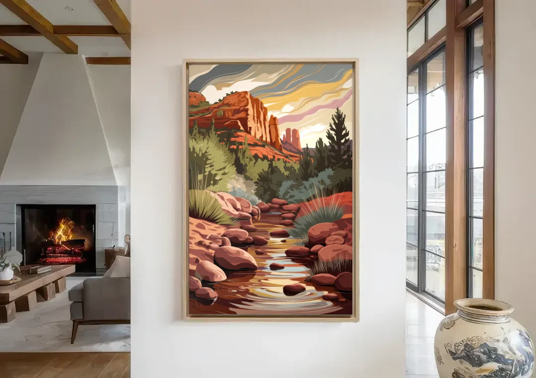 Sedona Oak Creek Reflections canvas wall art in a living room with a fireplace