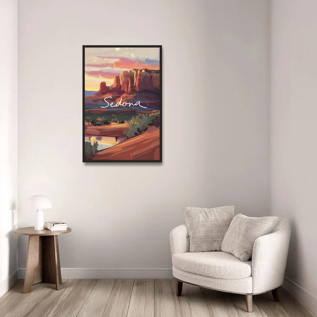 Sedona Red Rock Sunset - Black Framed Canvas Wall Art - Sofa - 24x36