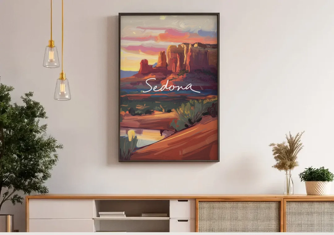 Sedona Red Rock Sunset canvas wall art above a wooden sideboard under pendant lights