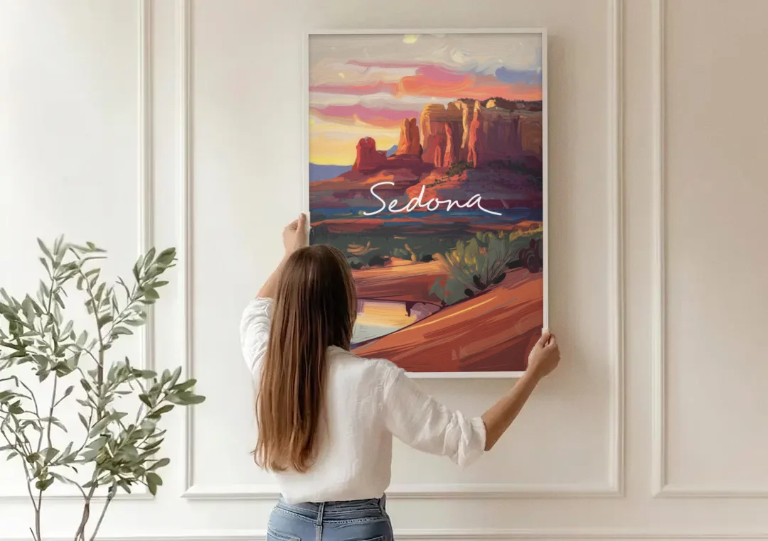 Sedona Red Rock Sunset canvas wall art being hung on a paneled wall