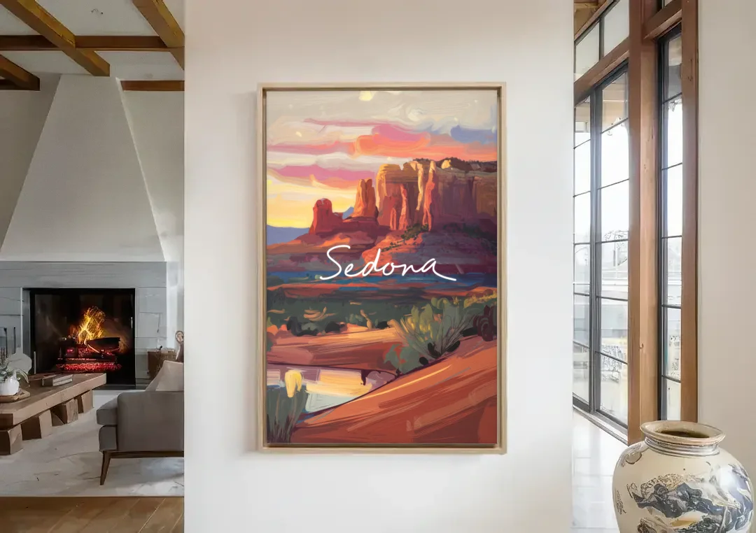 Sedona Red Rock Sunset canvas wall art in a living room with a fireplace