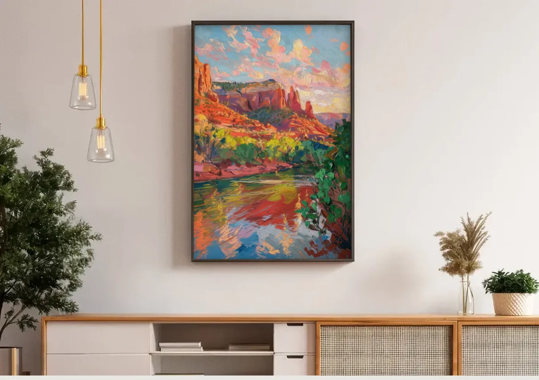 Sedona Scenic Canyon Vibes canvas wall art above a wooden sideboard under pendant lights