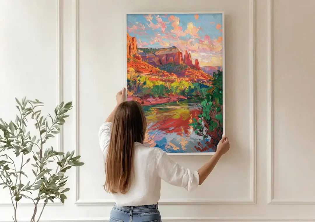 Sedona Scenic Canyon Vibes canvas wall art being hung on a paneled wall