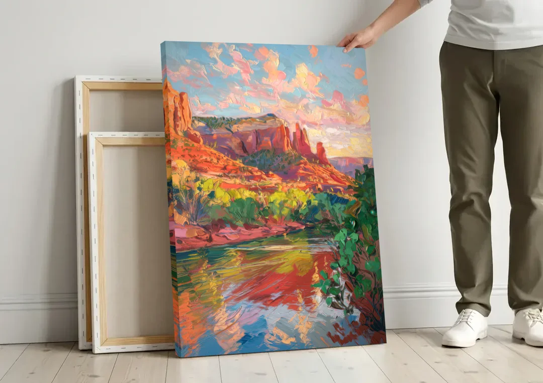Sedona Scenic Canyon Vibes canvas wall art leaning against a wall next to blank canvases