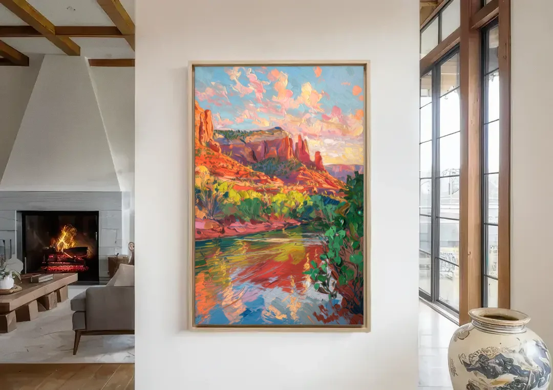 Sedona Scenic Canyon Vibes canvas wall art in a living room with a fireplace