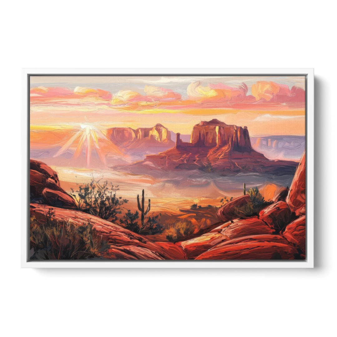 Sedona Sunrise Over Mesa - White Framed Canvas Wall Art - Front