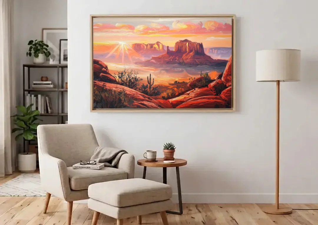 Sedona Sunrise Over Mesa canvas wall art above an armchair in a bright living room