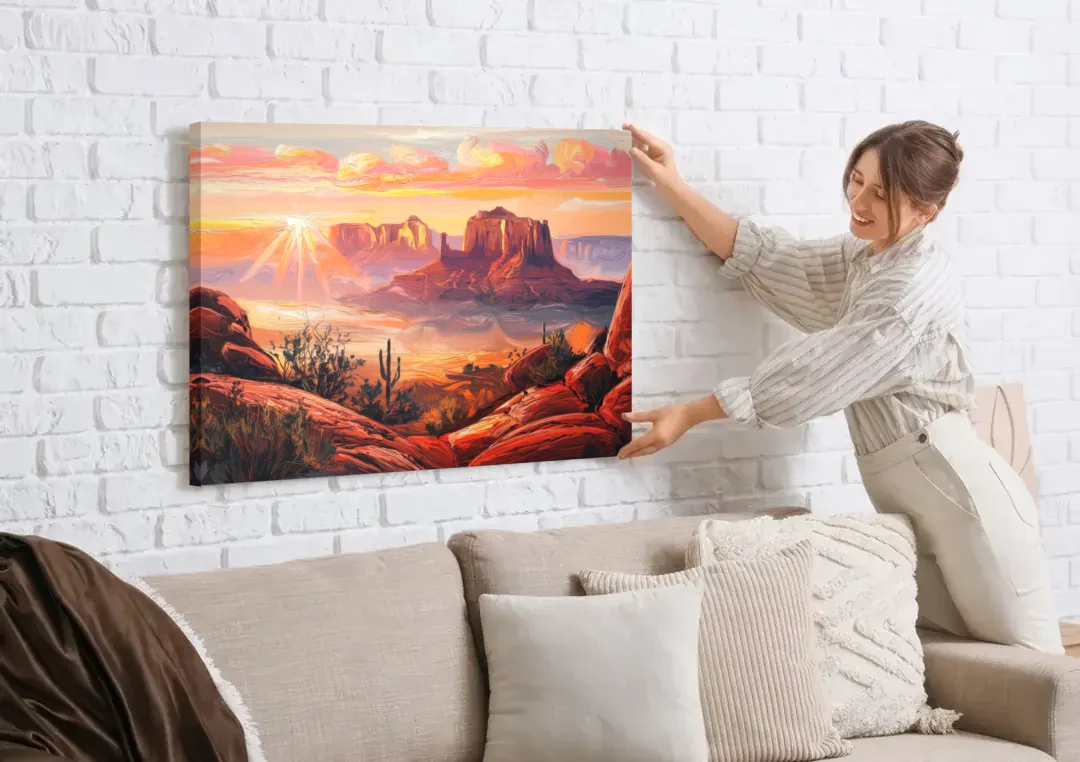 Sedona Sunrise Over Mesa canvas wall art being hung on a white brick wall above a sofa