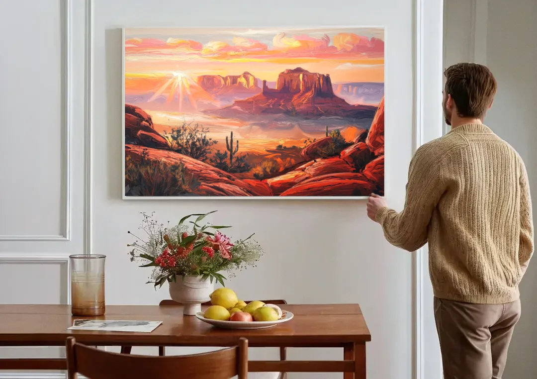 Sedona Sunrise Over Mesa canvas wall art above a dining table