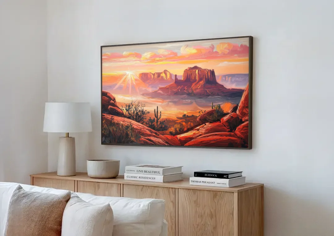 Sedona Sunrise Over Mesa canvas wall art above a wooden sideboard next to a sofa
